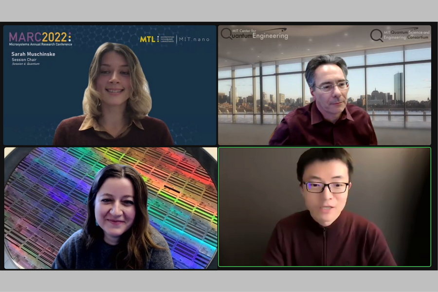 A split screen with four people discussing current and feature research.
