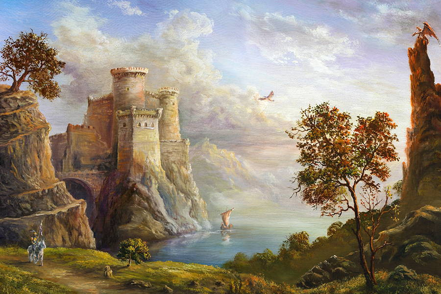 Painting featuring a castle perched atop a rock outcrop, with water below. Two dragons appear in the distance, and a knight rides a horse in the foreground.