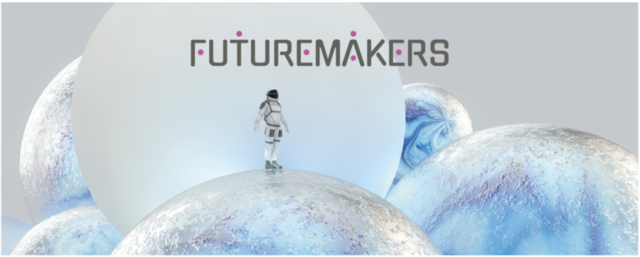 Futuristic graphic image of astronaut standing on huge opaque spheres.