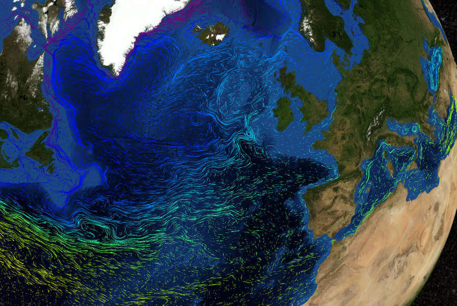 Satellite view of Atlantic Ocean with ocean current and surface temperature data superimposed, with more southern waters looking warmer and northern waters cooler.