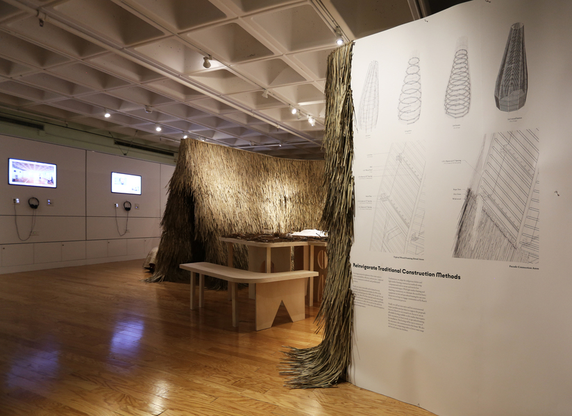 Installation view of shelter created by MIT students and alumni in the MIT Wiesner Student Art Gallery 