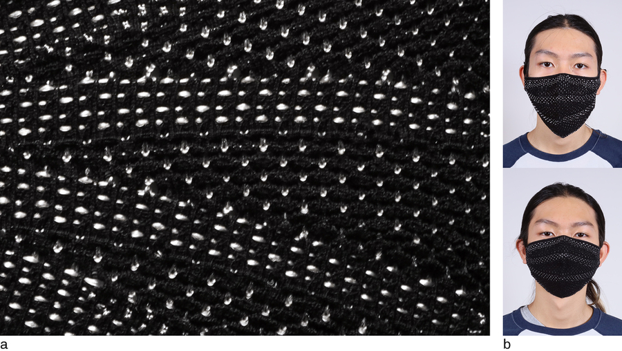 At left: An extreme close-up of black face mask fabric showing threads and pores. At right, two photos of a model wearing variations on the mask.