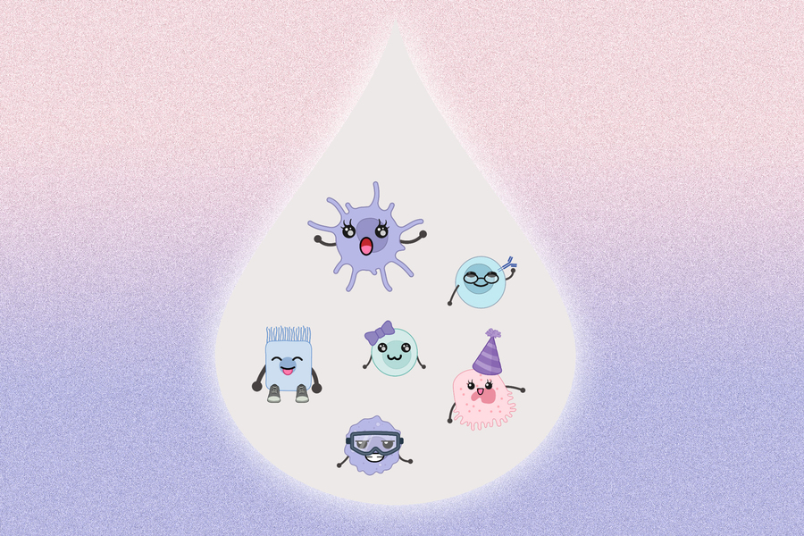 Illustration shows a droplet with various cartoony cells inside
