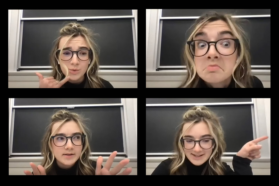 Two by two split-screen of Emily Tess in front of a blackboard with four different facial expressions