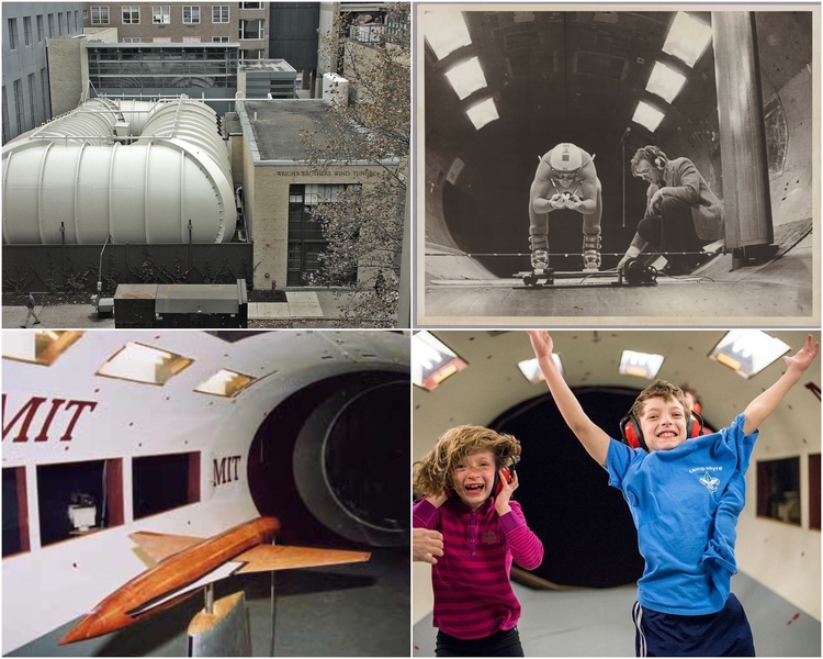 Collage of four photos showing the old Wright Brothers Wind Tunnel at MIT, one exterior and three interior