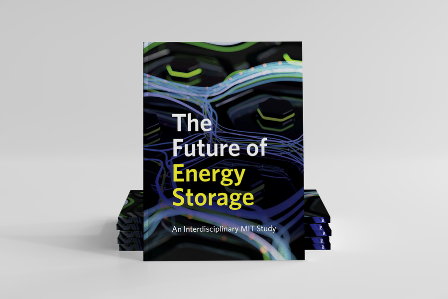Illustration of a stack of reports, with the cover reading "The Future of Energy Storage" faced out.