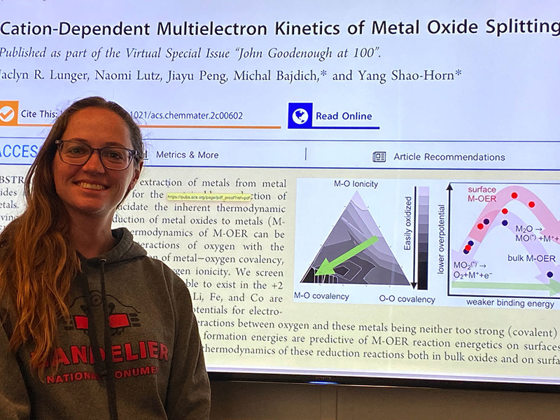 Photo of Jaclyn Lunger smiling in front of an electronic poster titled "Cation dependent multielectron kinetics of metal oxide splitting"