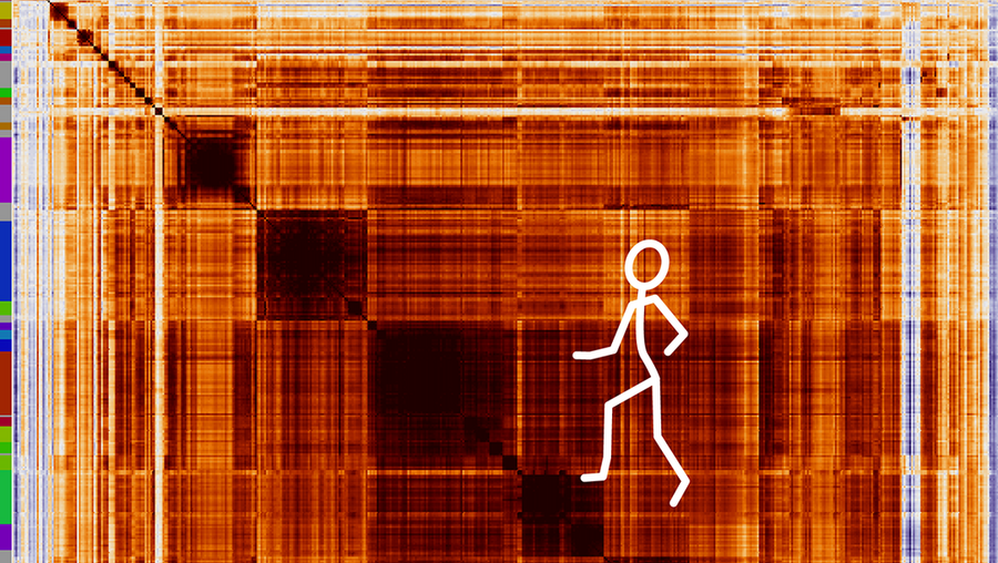 Orange-tinted pattern of horizontal and vertical lines. At far left, a sequence of lines in many colors. Superimposed on the image is a white stick figure of a human.