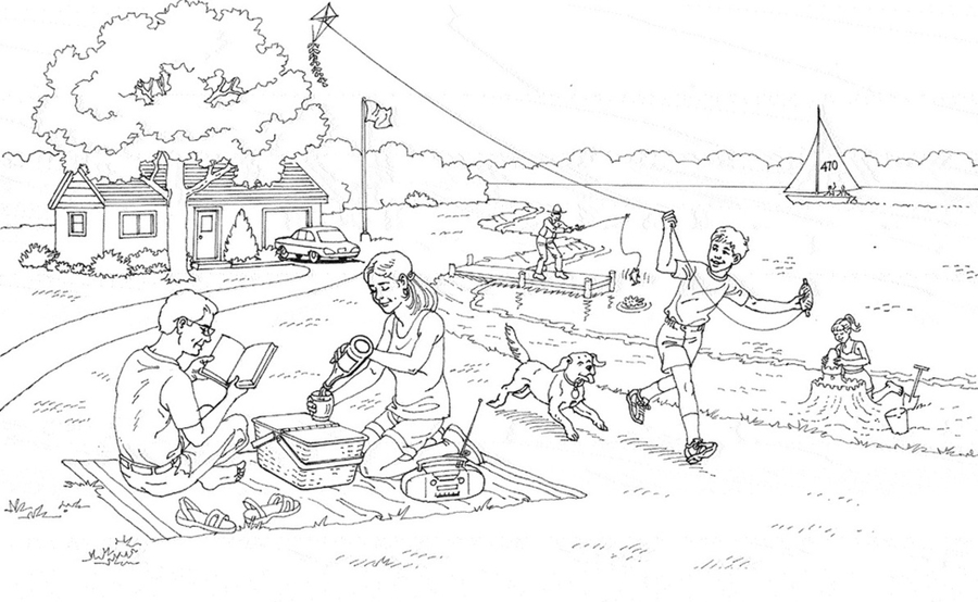 Line drawing of a busy picnic scene, with parents reading and preparing food, and a child flying a kite