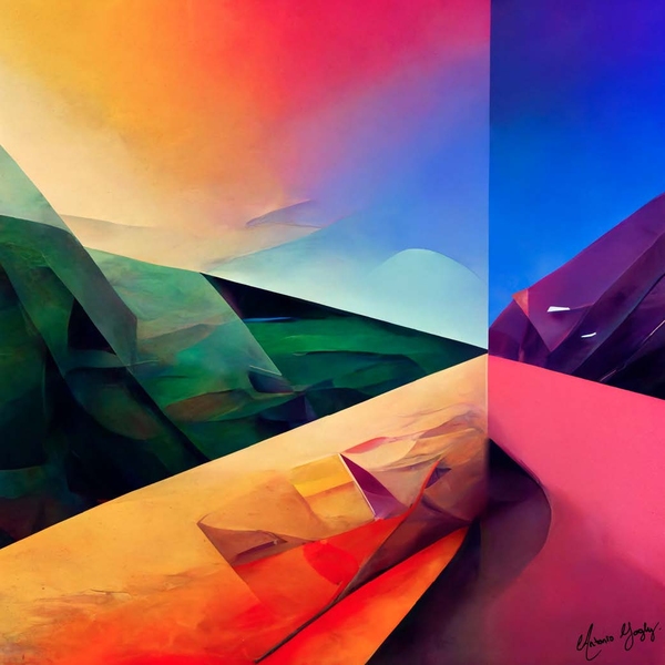 Colorful, abstract painting representing the health technology divide. The large, brightly lit portion on the left sybolizes “the majoritized few” who have ample access to care, whereas the darker quarter on the right contains the “minoritized” population who lack access.