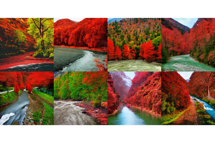 Eight AI-generated images show visual interpretation of the phrase, “a river leading into mountains" AND "red trees on the side.”