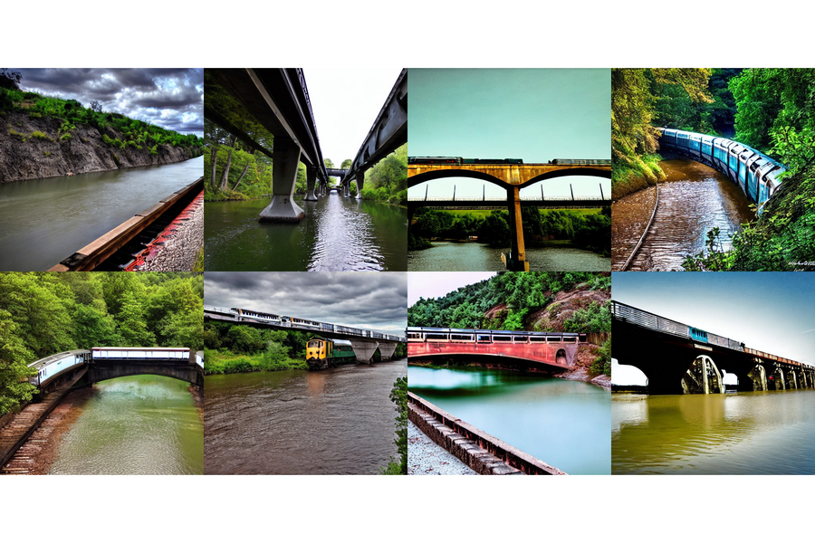 Eight AI-generated images show visual interpretations of the phrase, “a train on a bridge" AND "a river under the bridge.”