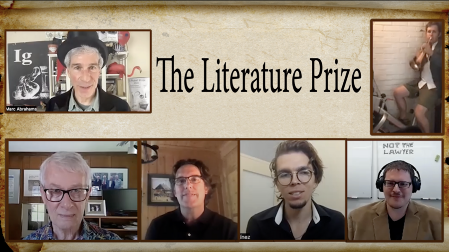 Screenshot from the Ig Nobel Prize ceremony, showing “The Literature Prize” and images of five people.