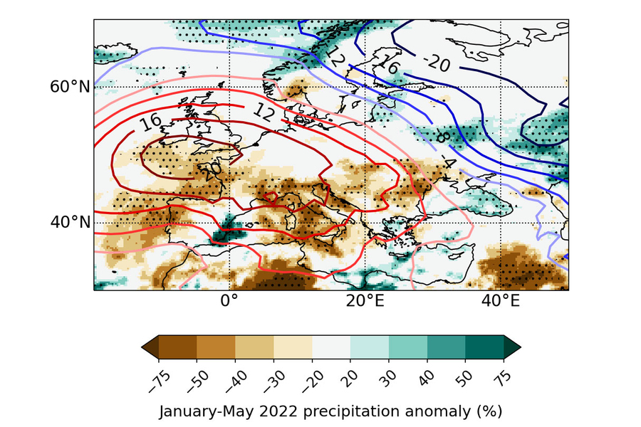 A figure shows a map of Europe with latitude and longitude lines. On bottom is a chart going from dark brown (-75%) to teal (75%) and text says “January-May 2022 precipitation anomaly percentage.” Dry brown areas include areas around France and Italy. Blue wet regions include Ukraine and Norway.