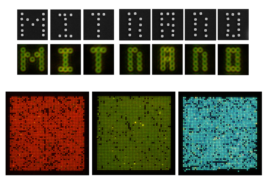 white nanoparticles in square containers with black backgrounds spell "MIT NANO" on top. Three larger containers with nanoparticles in red, green, and blue at bottom