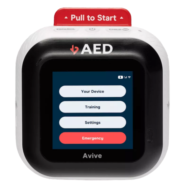 Black, red, and white, Avive External Defibrillator (AED) device. Buttons read “Pull to start”, “Your device”, “testing” and “emergency”
