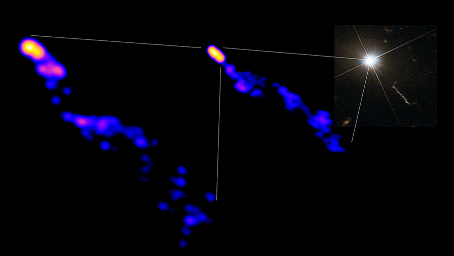 Three views of the quasar 3C 273. The rightmost panel shows a white, star-like image with a small white jet extending to the right. At left and at center are the enlarged signatures of a jet of plasma in shades of orange, pink, purple, and blue.