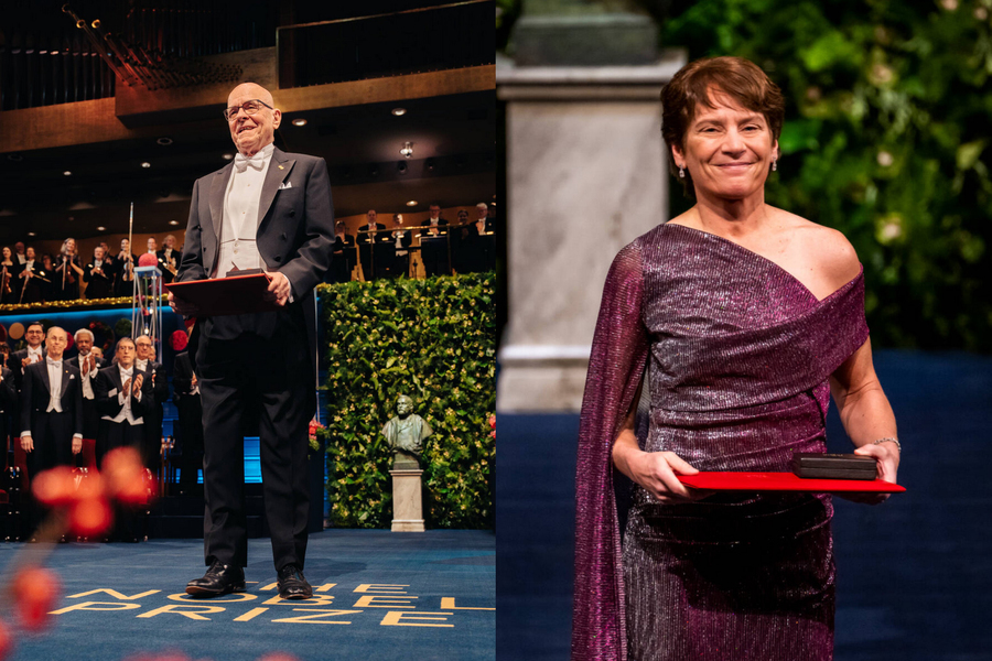 Two photos show Barry Sharpless and Carolyn Bertozzi on stage accepting awards.