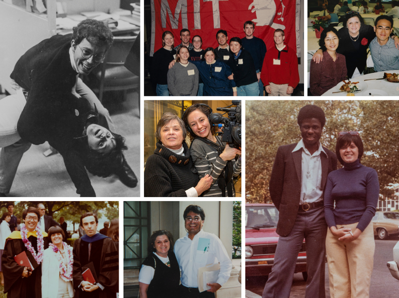 Collage of seven photos of Leslie Regan with many different graduate students over five decades