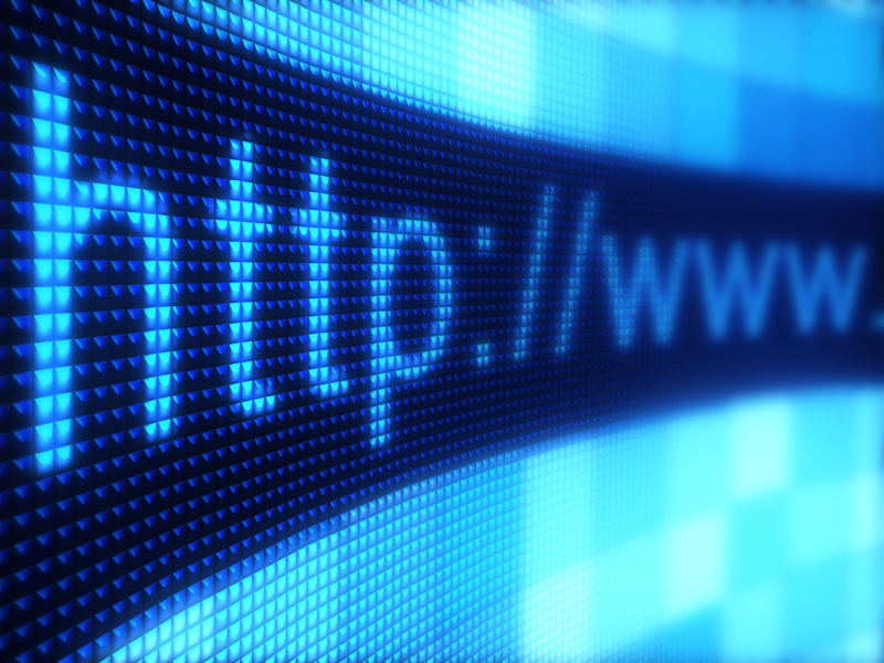 Realistic illustration showing a closeup of a curved computer or LED screen that displays the start of a URL, http://www