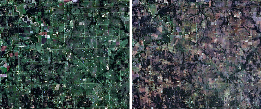 Two satellite views of the same surburban region, the top relatively lush with green and the bottom brown and dry