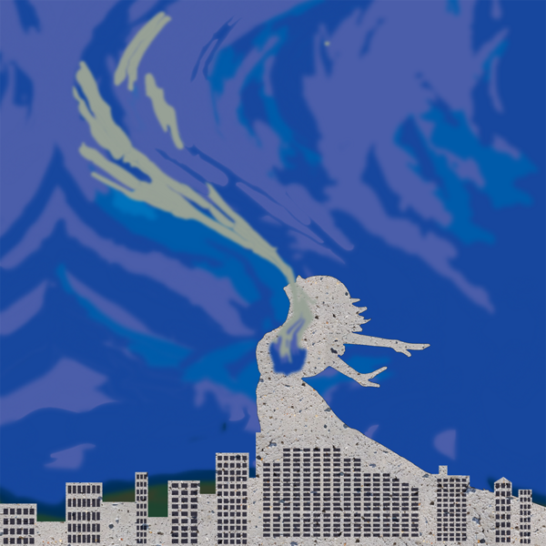 Illustration of a woman made of concrete emerging from a concrete city and inhaling a gray wisp of air, representing the process of carbon uptake.
