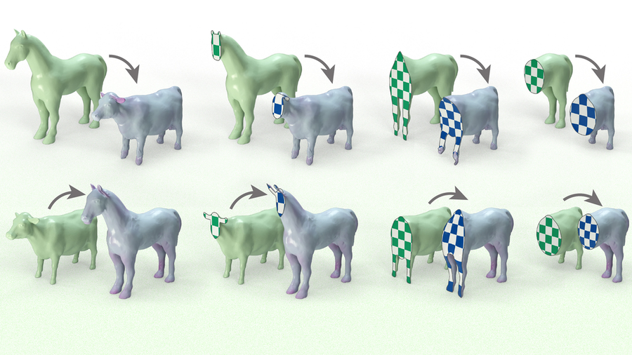 2 rows of 4 images each. The images compare models of a horse and cow’s volume. The 3D models are sliced like clay, and the inside of the figures show a checkerboard of white and green or blue patterns. In the images comparing the volume of the two sliced figures, the checkerboards show the same number of squares, but the squares are stretched and pulled.