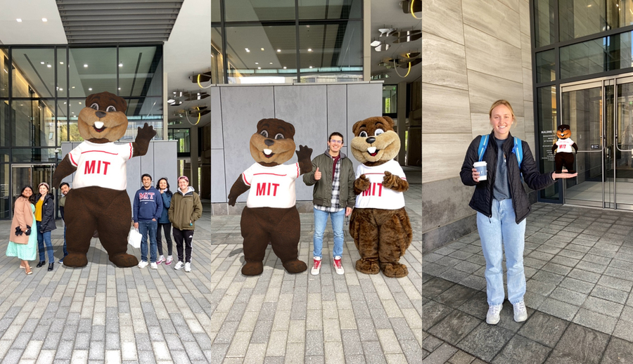 Three examples of people posing with a virtual Tim the BeaVR outside an MIT building. In the first, Tim appears giant-sized; in the second, human-sized; and in the third, palm-sized
