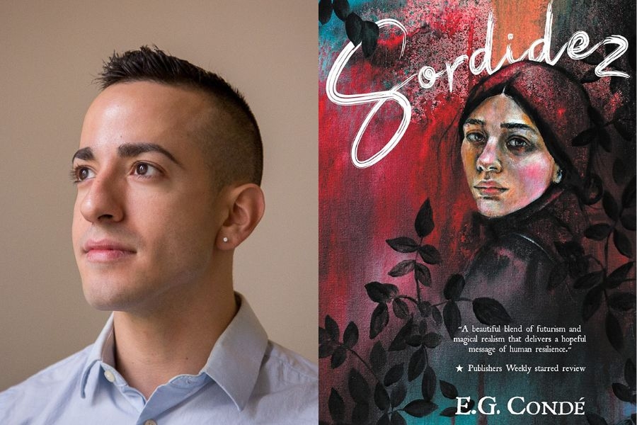 Portrait photo of Steven Gonzalez next to the cover of his book, "Sordidez"