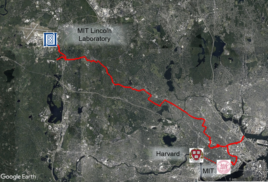 A Google Earth image with a red line connecting MIT Lincoln Laboratory, MIT, and Harvard. 