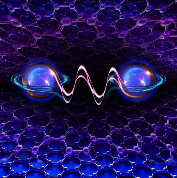 Illustration of two spherical electrons joined by a waveform, against a hexagonal lattice background