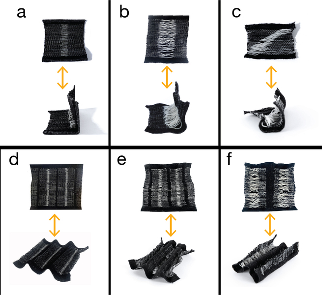 6 paired examples are labeled A through F. Each pair has 1 photo of a piece of flattened fabric, and fabrics have different patterns made with black and white threads. The second image in the pair shows the piece of fabric deformed or folded in unique ways.