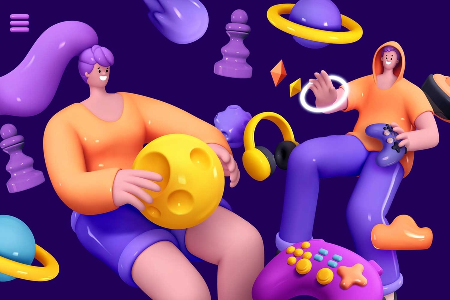 2 happy characters float in space alongside chess pieces, video game controllers, and planets.