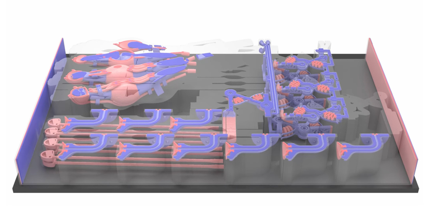 In this rendering, a tray of objects is being printed, including a robotic hand. Red and blue components in each object connote the different materials that are used.