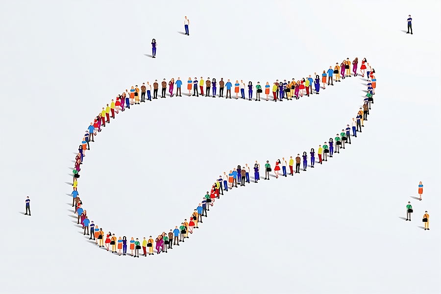 Drawing of a large group of people from an aerial perspective forming a distorted oval shape. Several individuals are standing apart from the formation.
