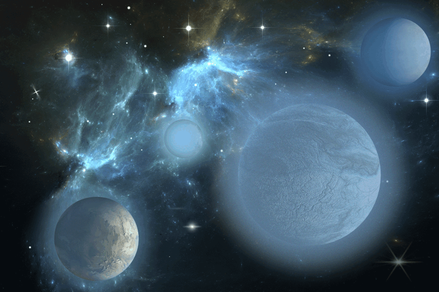 Four planets in space with one having a thinner atmosphere cloud than the rest