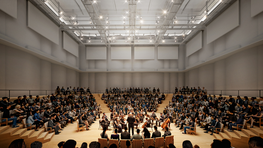 Rendering of MIT Music Building Performance Hall space with musicians performing in the center of the room surrounded by the audience.