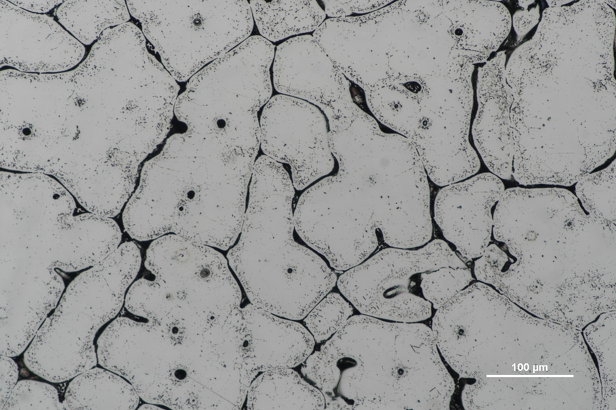 A microscopic view of metal surface captured with a scanning electron microscope, revealing intricate microstructures and grain boundaries