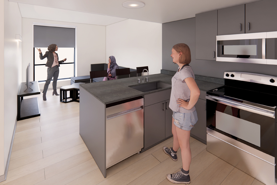 Architectural rendering of sample dorm unit with three people, as seen from the kitchen