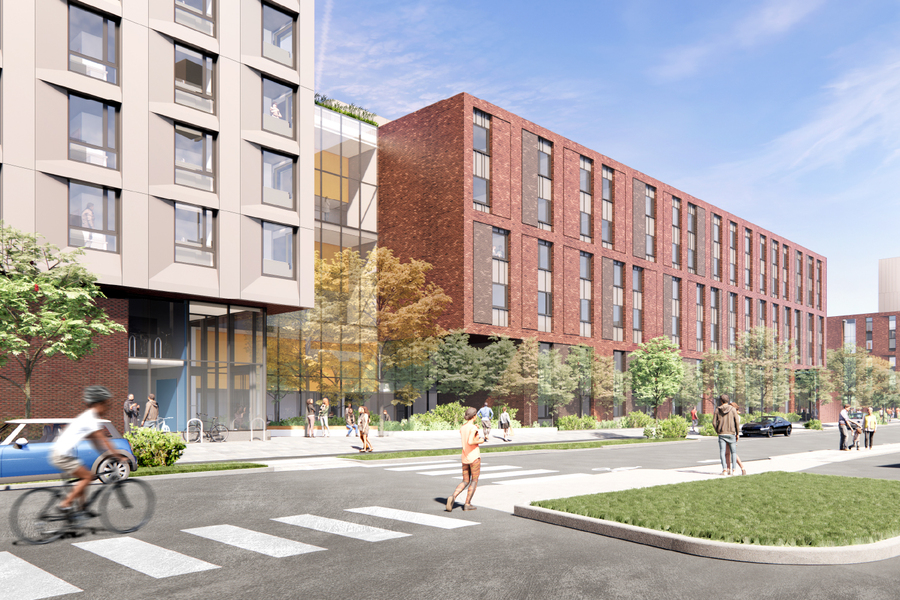 Architectural rendering of exterior of a three-story brick building