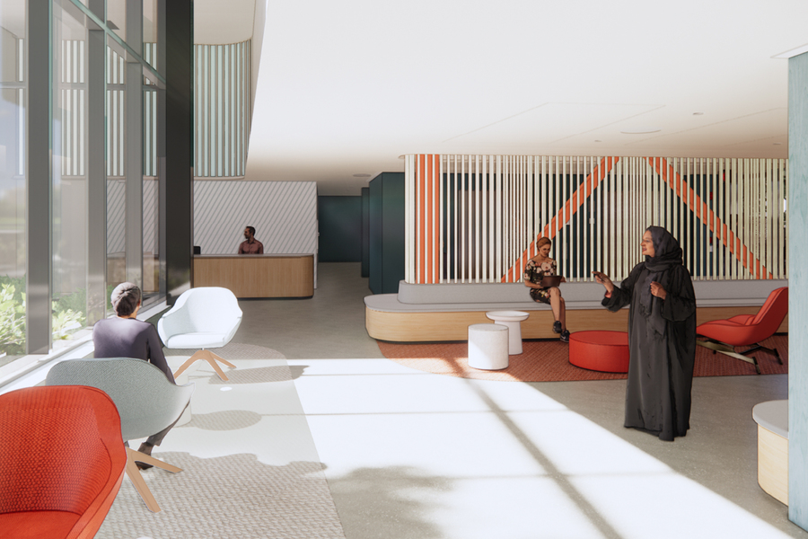 Rendering of building lobby, a wide open space with lots of natural light