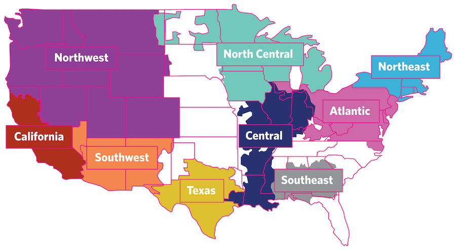 United States map sectioned in nine geographical areas, each in a unique color. The areas are labeled Northwest, California, Southwest, Texas, North Central, Central, Southeast, Atlantic, and Northeast. There are a few white areas with no coverage, especially in midwestern and South Atlantic states