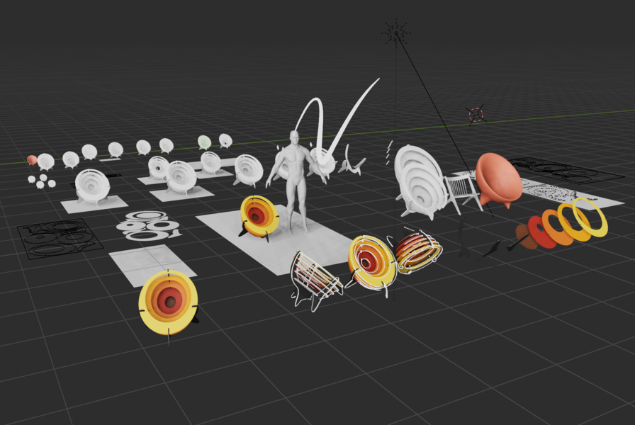 3D models of a brightly colored chair, on a black grid, as well as a human figure and other 3D shapes. 