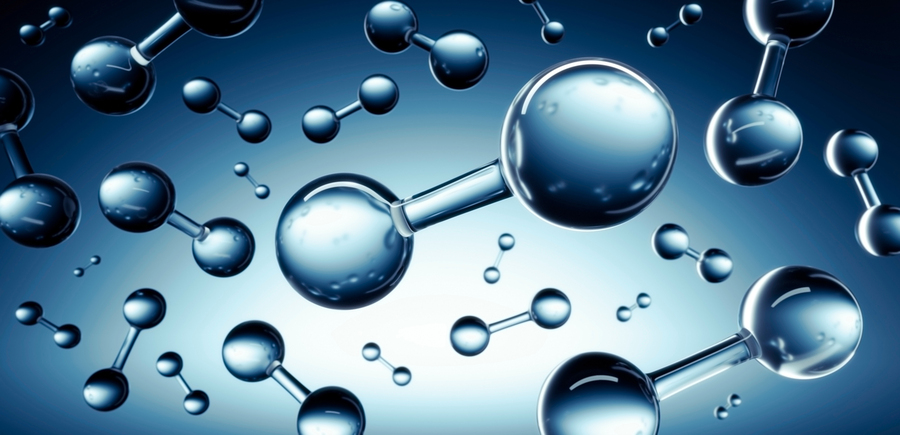 Three-dimensional illustrations of hydrogen molecules are suspended in a blue atmosphere.