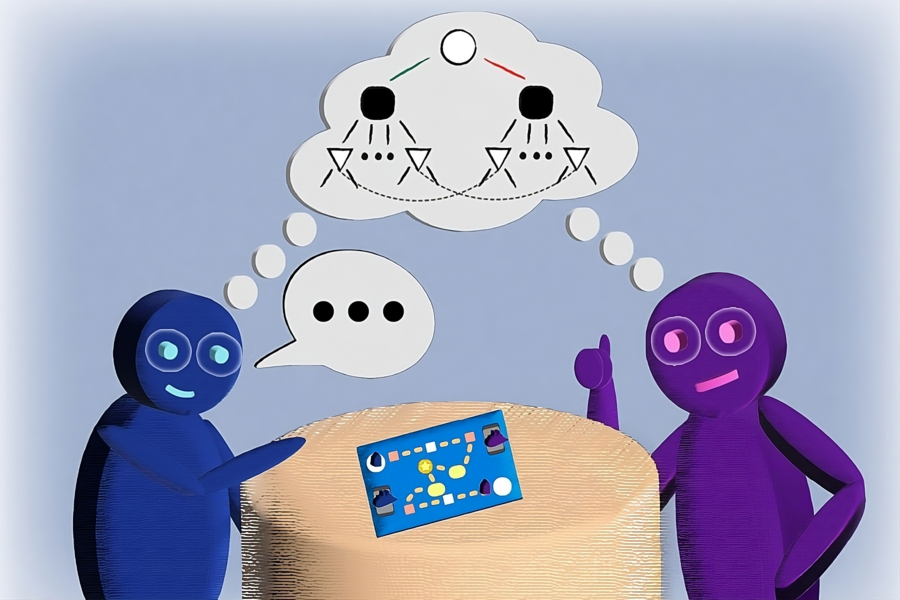 A digital illustration featuring two stylized figures engaged in a conversation over a tabletop board game.
