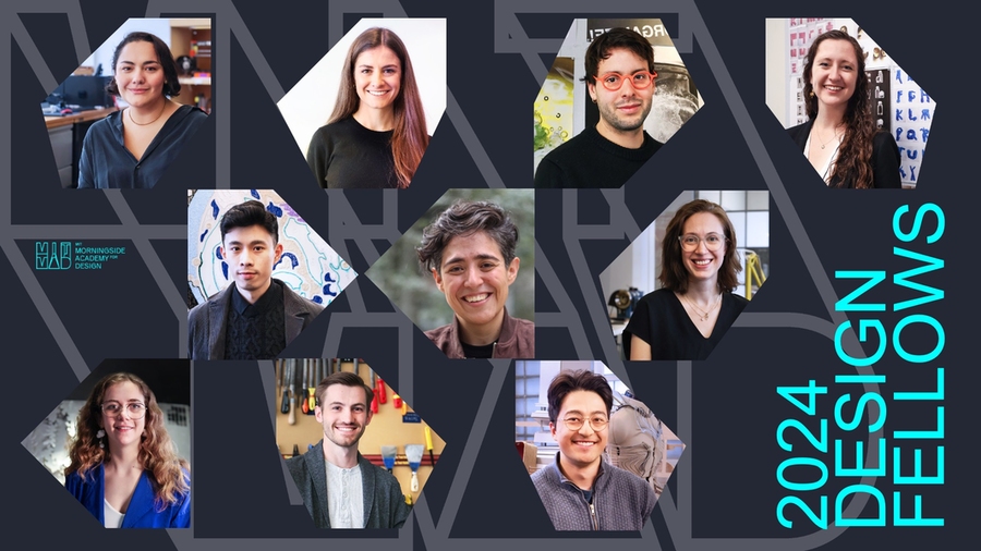 Ten portrait photos are featured in geometrical shapes on a dark blue background. Text indicates "2024 Design Fellows"