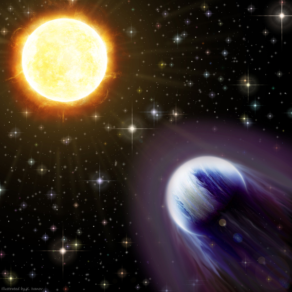 A large bright yellow star is in the top left. On bottom right, a planet in blue and purple moves quickly, and whisps of clouds trail it.