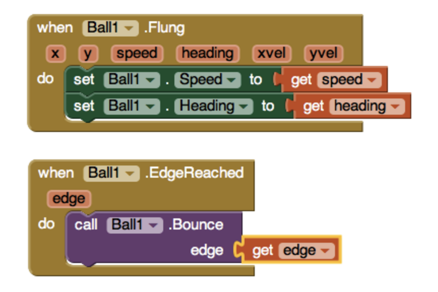 Two examples of programming code represented visually by blocks that fit into each other and sometimes repeat, for example "When Ball 1 flung, set Ball 1 speed to Get speed"