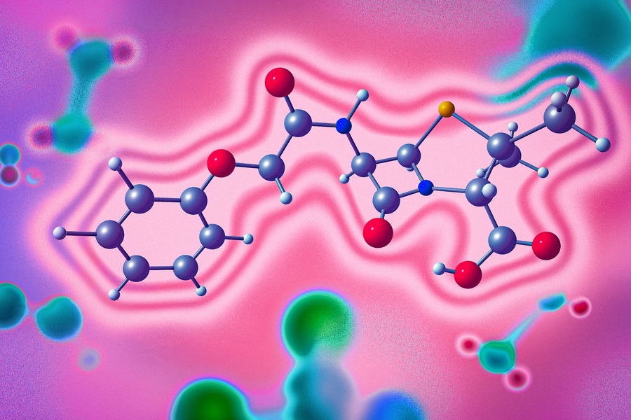 A glowing penicillin molecule.