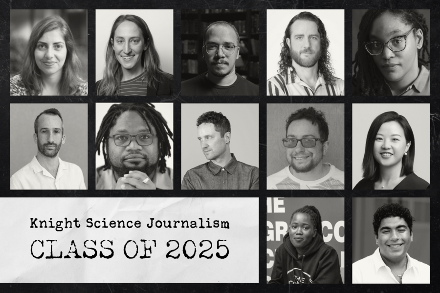 12 grayscale portrait photos laid out to resemble a yearbook page. Text reads: Knight Science Journalism Class of 2025